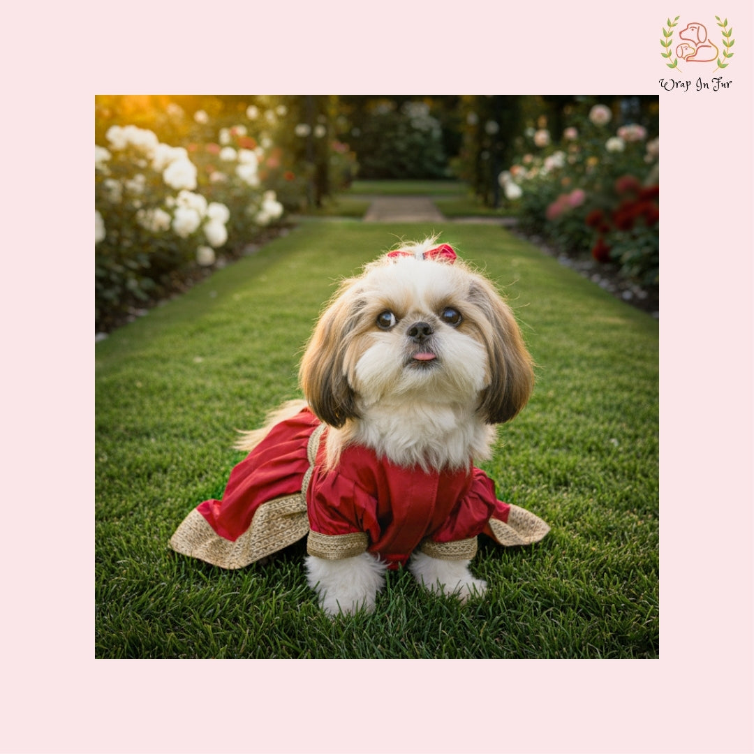 Red Royal Festive Dog Dress – Premium Ethnic Party Wear for Dogs