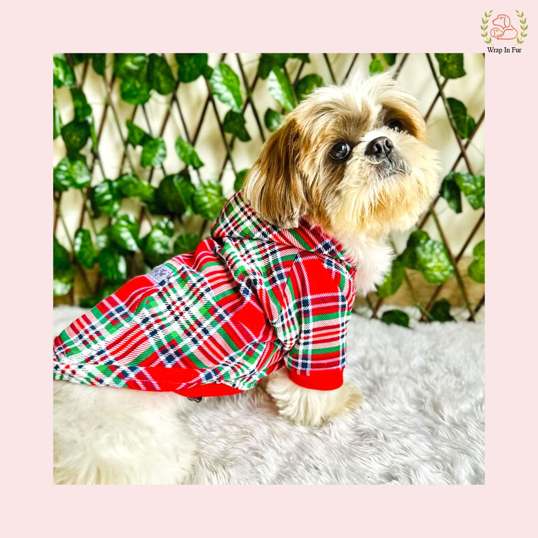 Red Scottish Plaid Winter Pet Hoodie – Warm & Stylish Dog Winter Wear