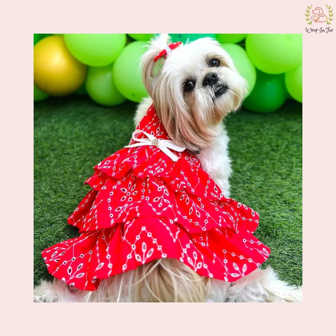 Red Tiered Ruffle Dog Princess Dress - Festive Wedding Party Frock