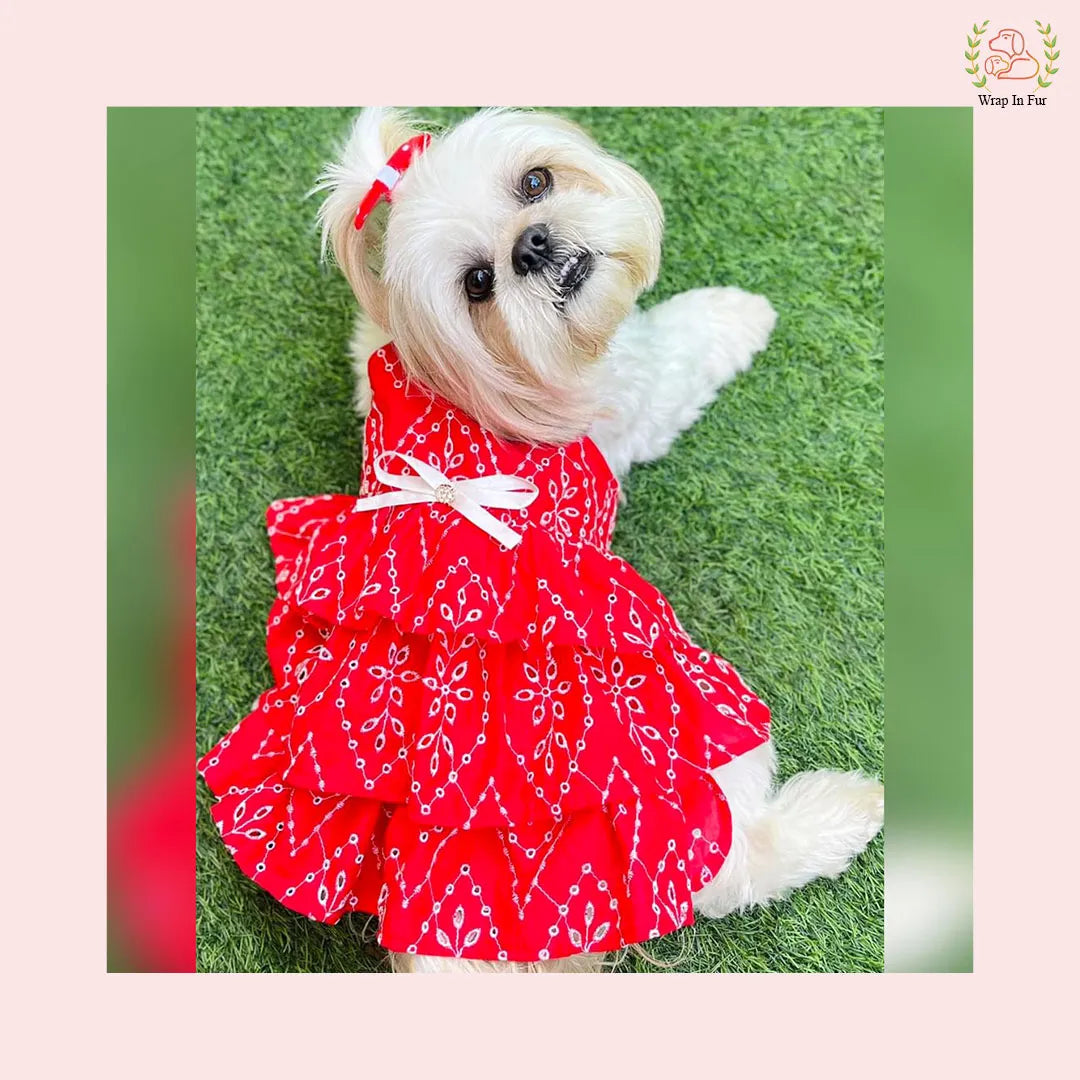 Red Tiered Ruffle Dog Princess Dress - Festive Wedding Party Frock