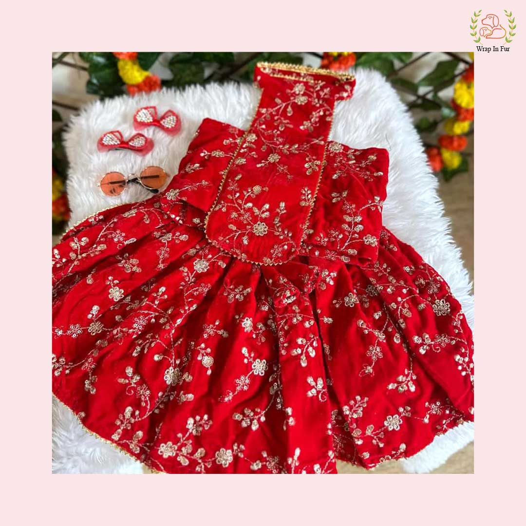 Red Velvet Dog Lehenga Choli – Luxury Dog Wedding Dress Outfit