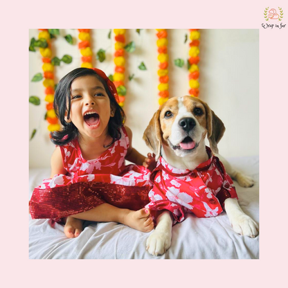 Red pathani Twinning Set ( Dog kurta along with Girl frock )