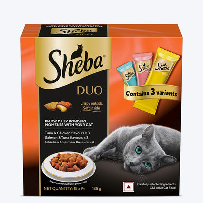 Sheba Duo Crispy & Creamy Cat Treats | Tuna & Chicken, Salmon & Tuna, Chicken & Salmon | 9 x 15g (135g)