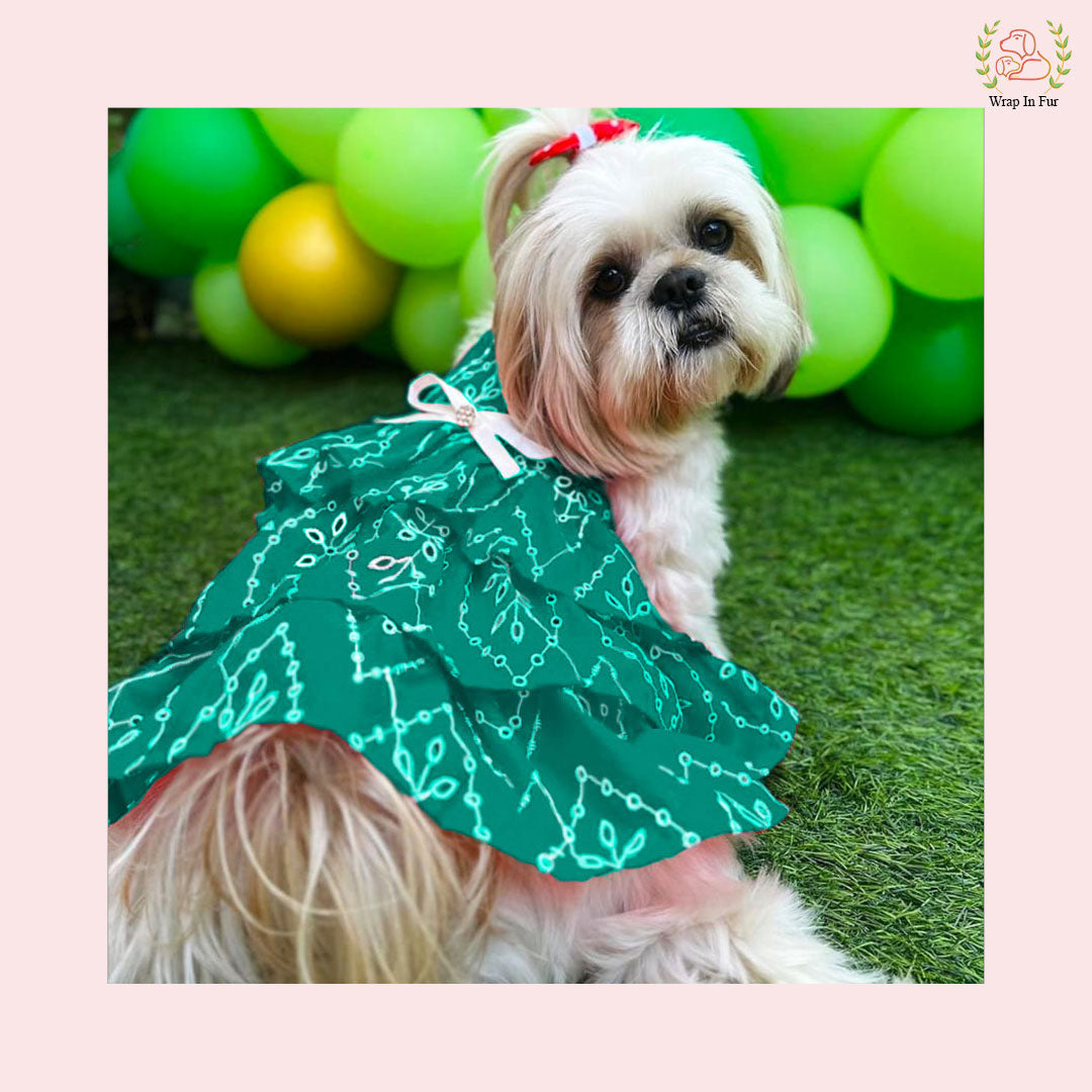 Shihtzu Green Embroidery birthday Dog Frock