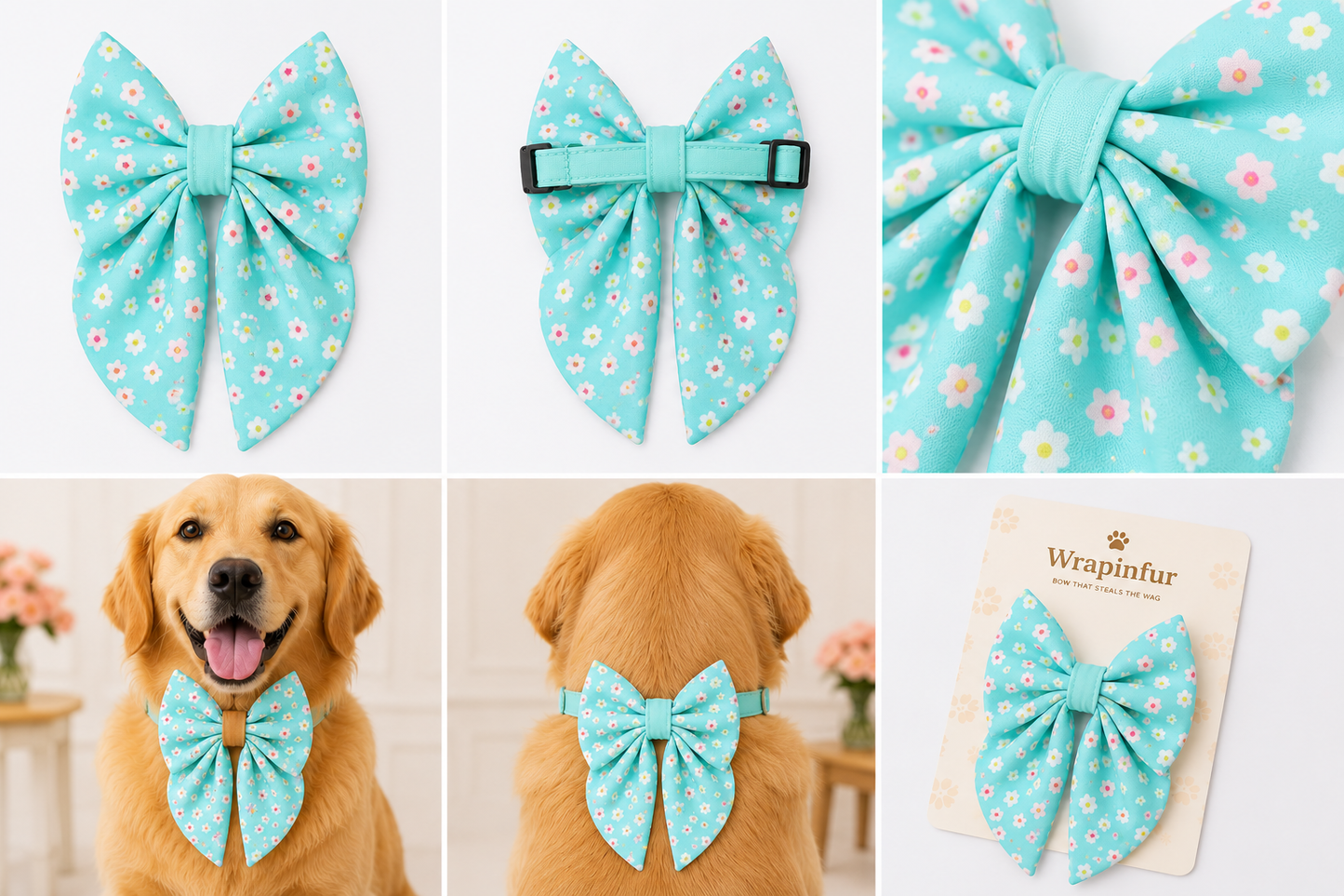  Sky Blue Floral Dog Bow Collar