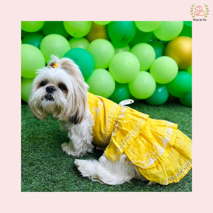 Sunshine Yellow Embroidered Dog Princess Dress - Tiered Ruffle Frock