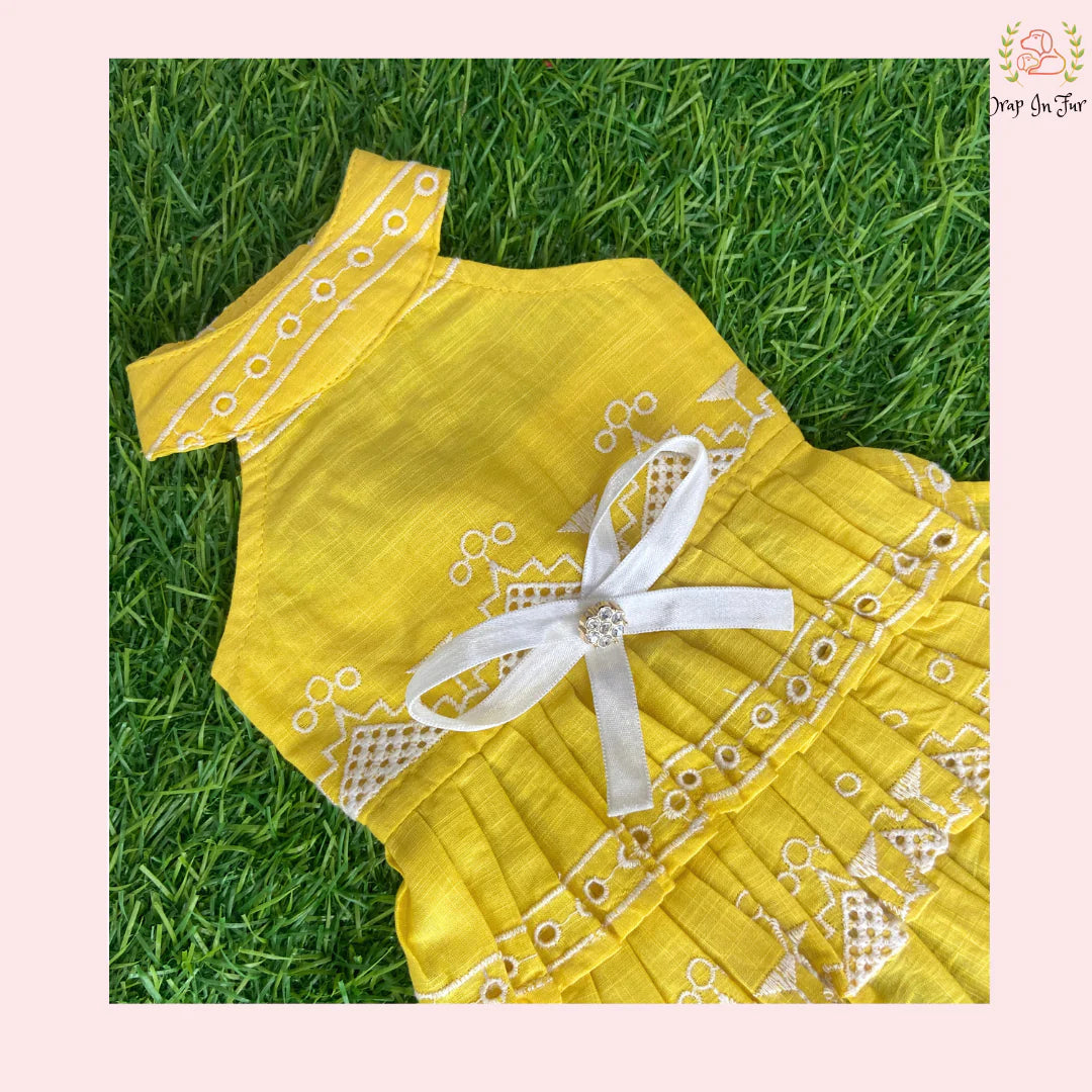Sunshine Yellow Embroidered Dog Princess Dress - Tiered Ruffle Frock