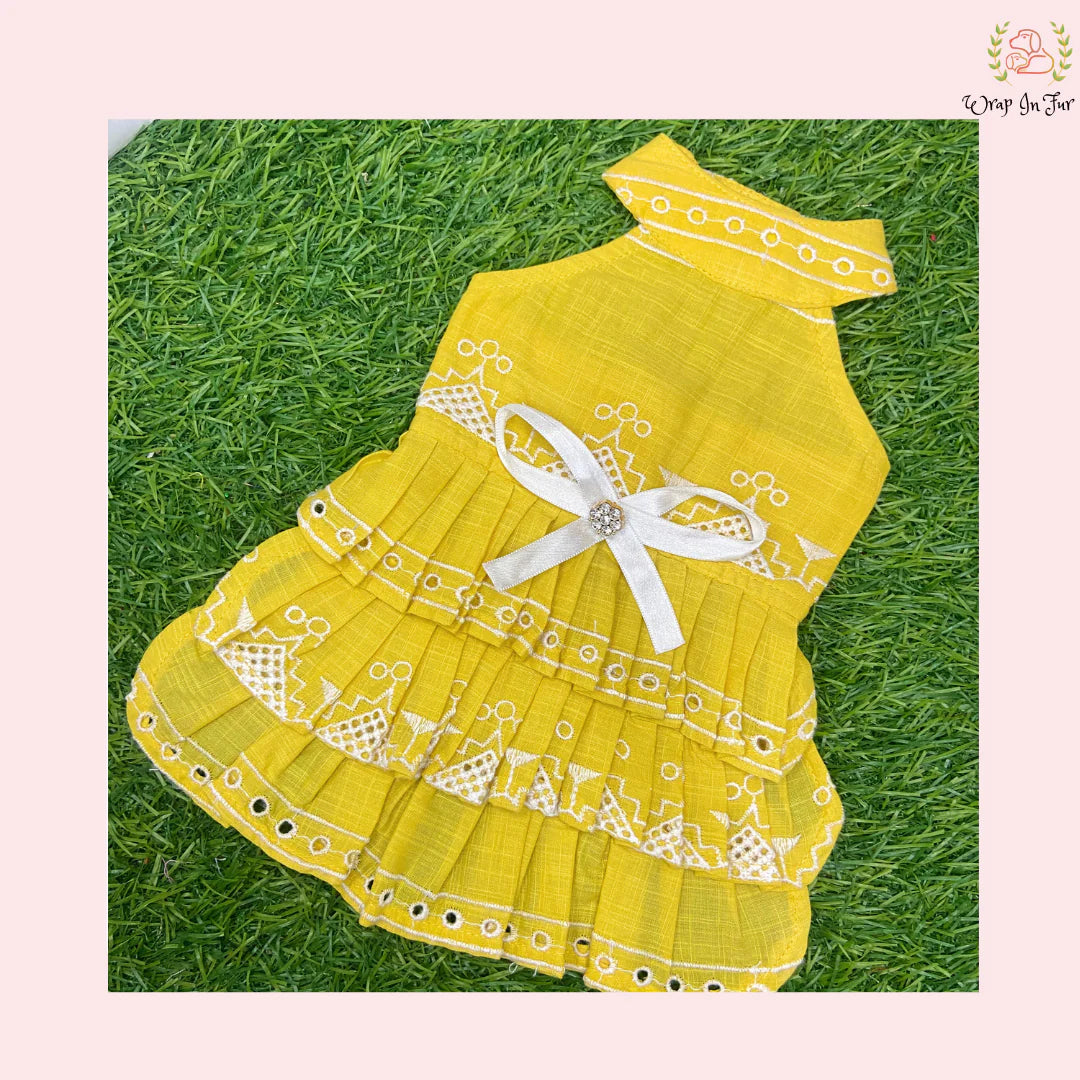 Sunshine Yellow Embroidered Dog Princess Dress - Tiered Ruffle Frock