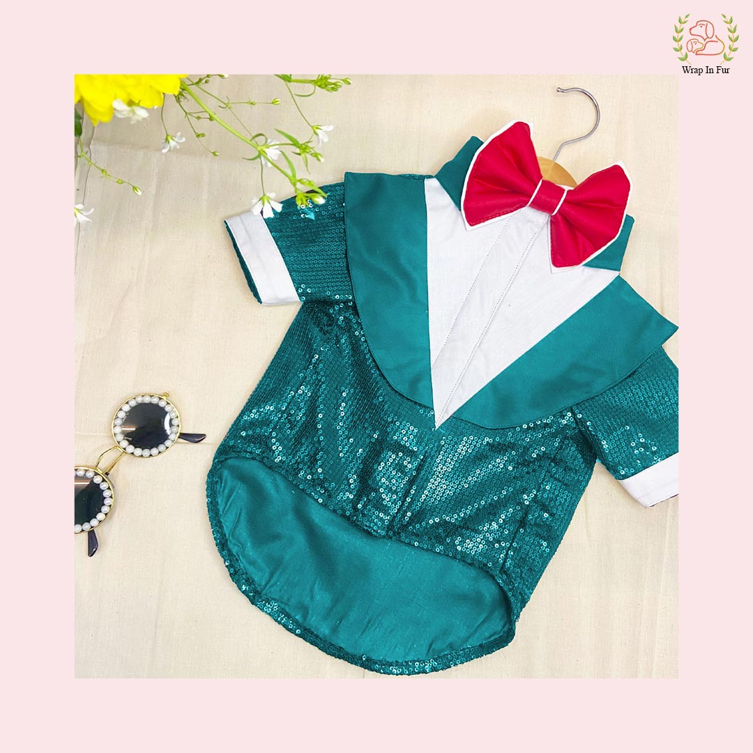 Teal Sequin Dog Tuxedo Jacket - Statement Wedding Formal Suit