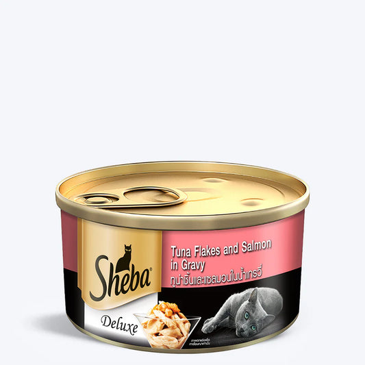 Sheba Deluxe Tuna Flakes & Salmon in Gravy Wet Cat Food for Adult Cats | Premium 85g Can