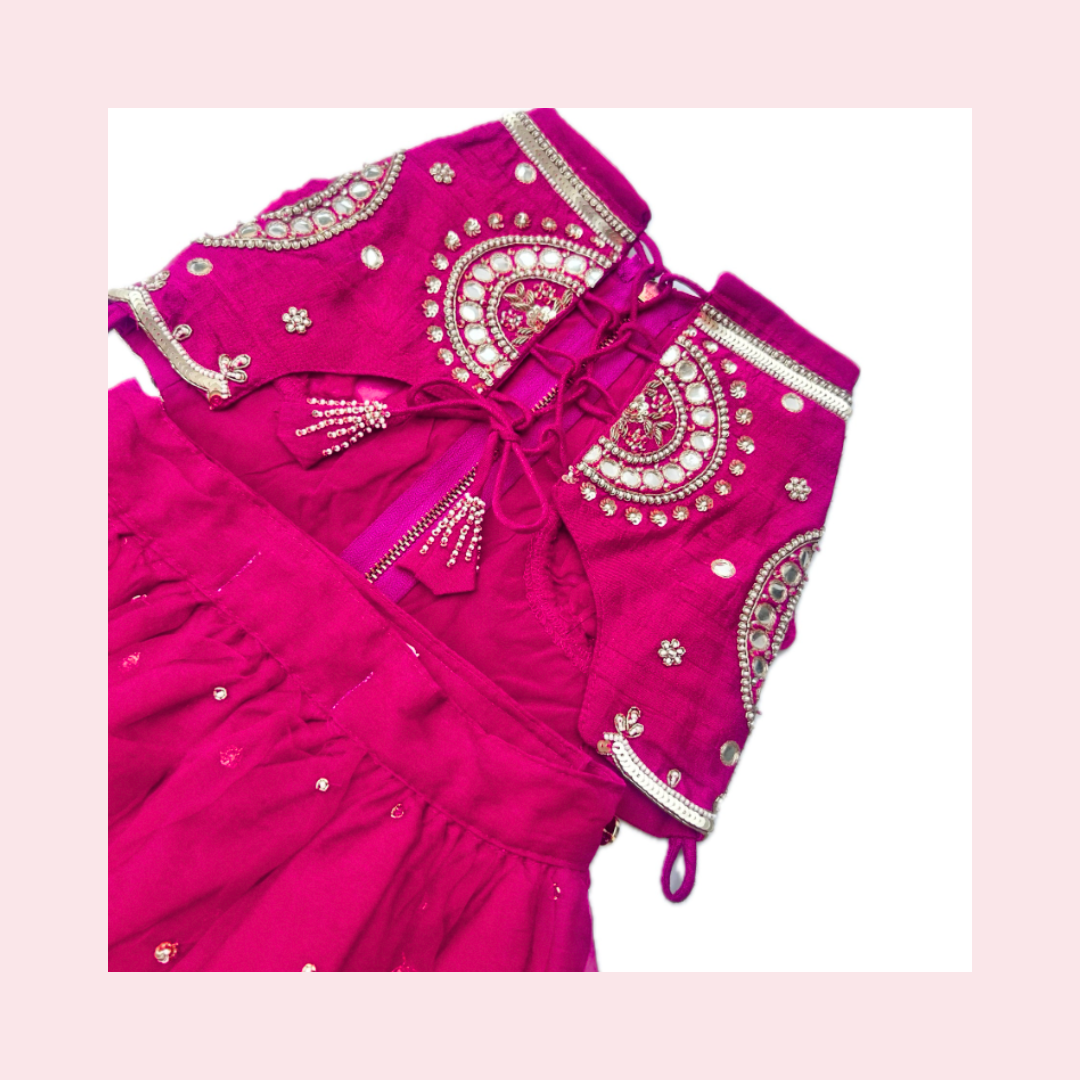 Vibrant Pink Mirror Work Dog Lehenga Choli - Festive Pet Wedding Dress