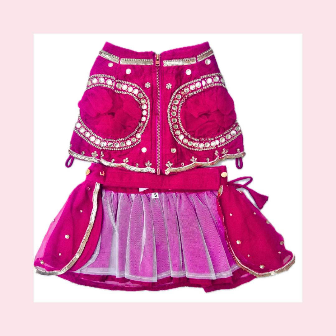 Vibrant Pink Mirror Work Dog Lehenga Choli - Festive Pet Wedding Dress