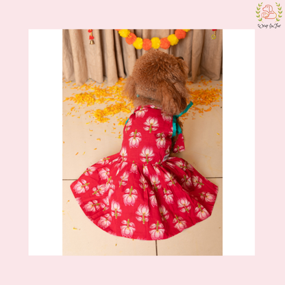 Vibrant Red Lotus Dog Frock Dress - Traditional Dog Wedding Outfit