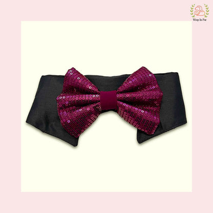 Wine Burgundy Sequin Dog Bow & Collar Set - Luxury Holiday Pet Accessory