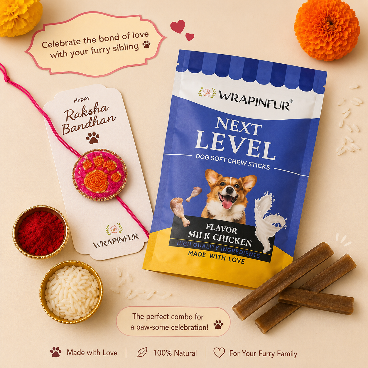 Dog Rakhi Gift Box with Milk Chicken Chew Sticks