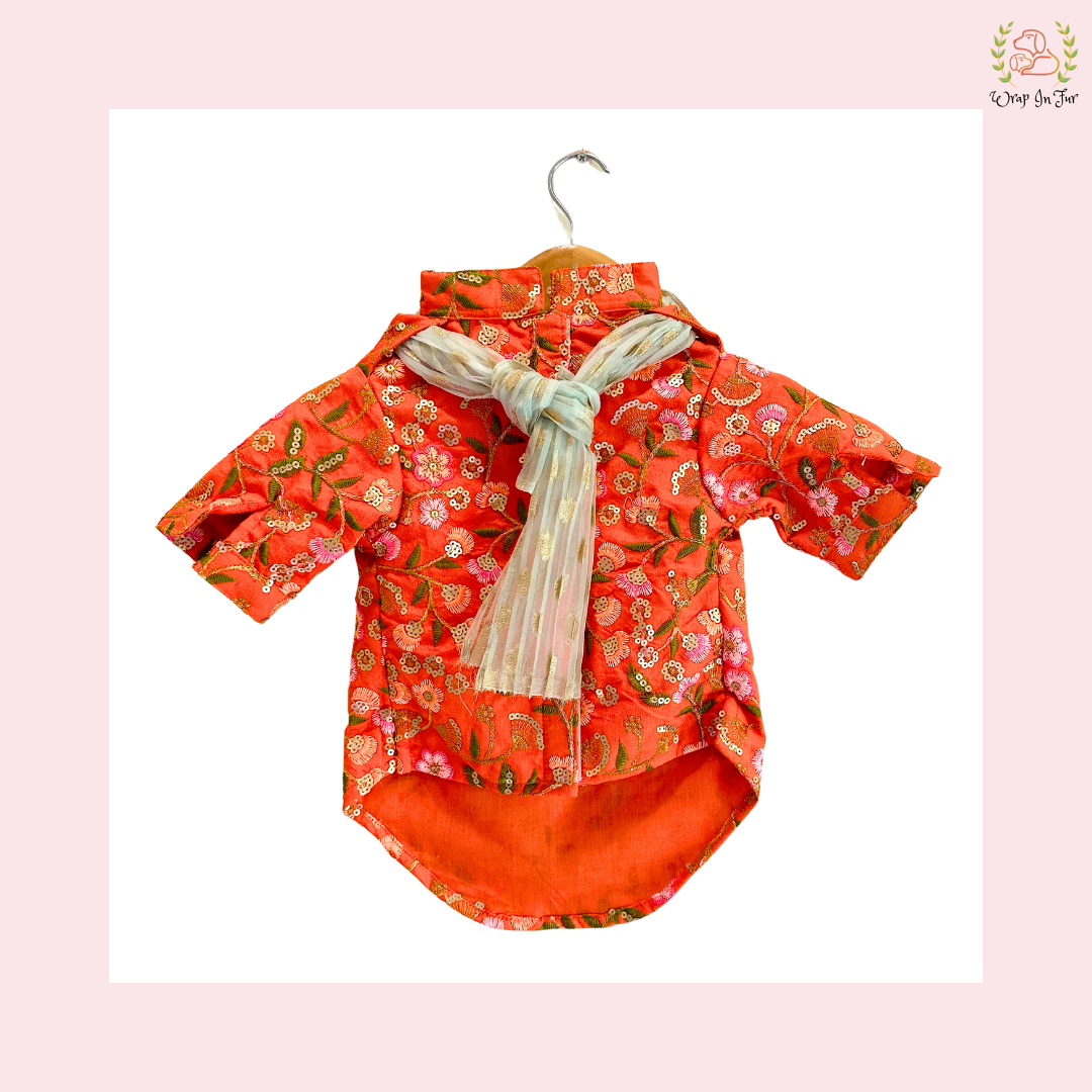 Orange Floral Dog Kurta With Dupatta