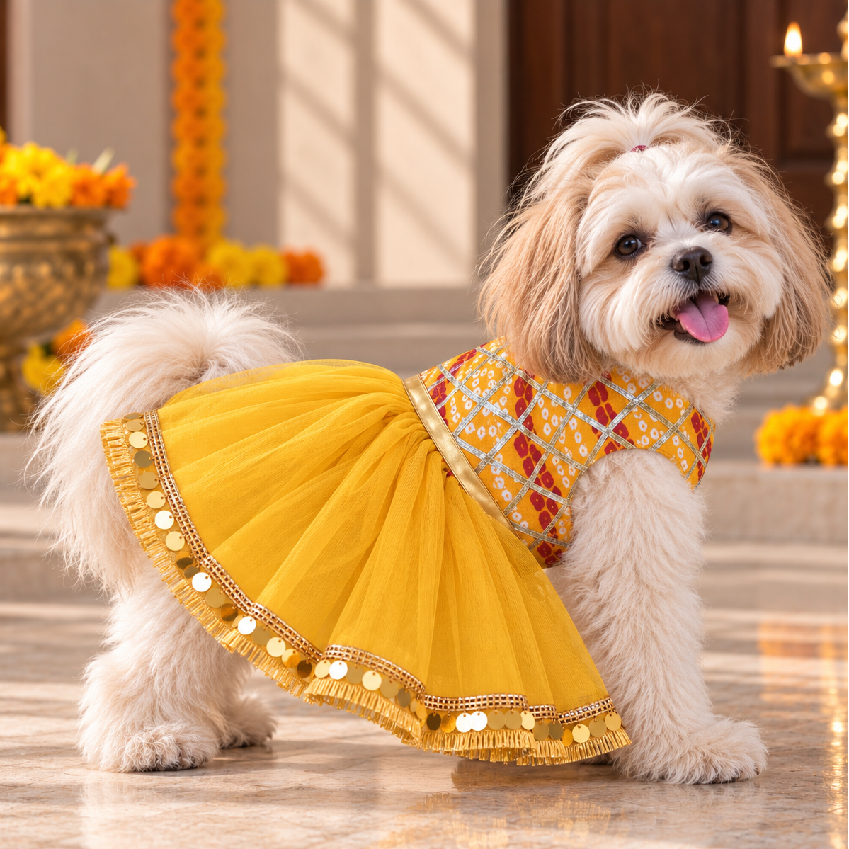 Yellow Bandhani Gota Dog Dress