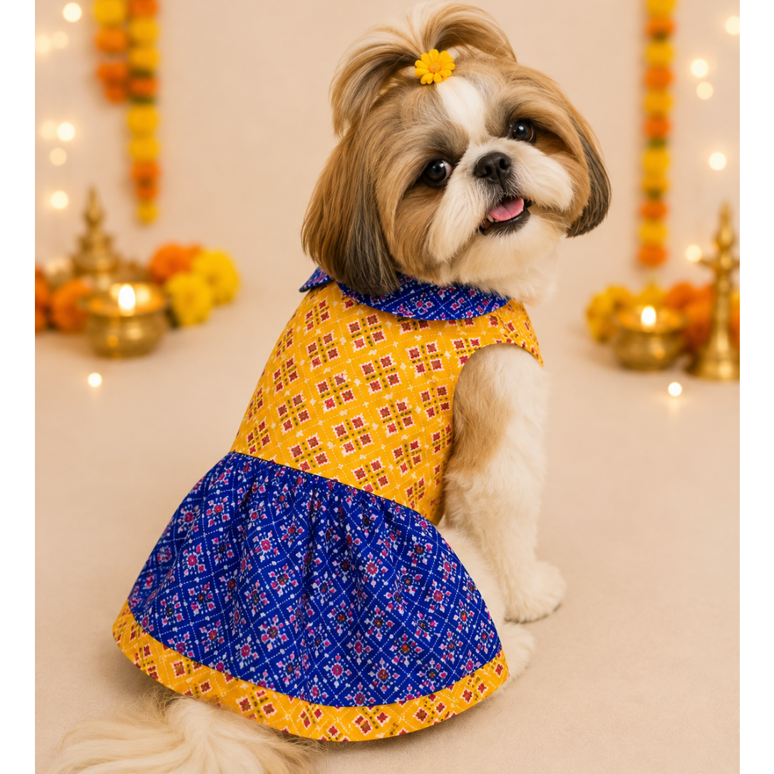 Yellow Blue Patola Dog Frock