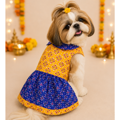 Yellow Blue Patola Dog Frock