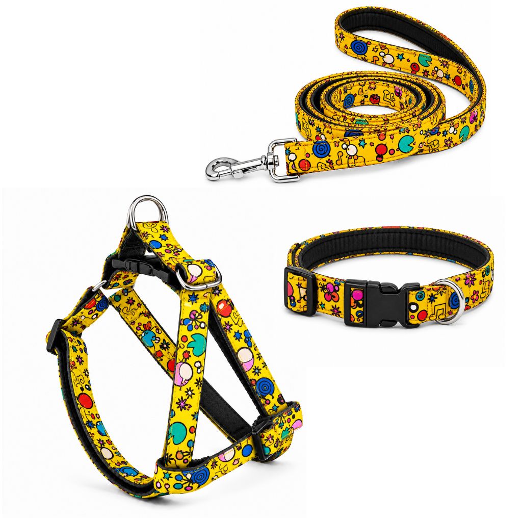 Yellow Fab dog Harness with Collar Leash Set