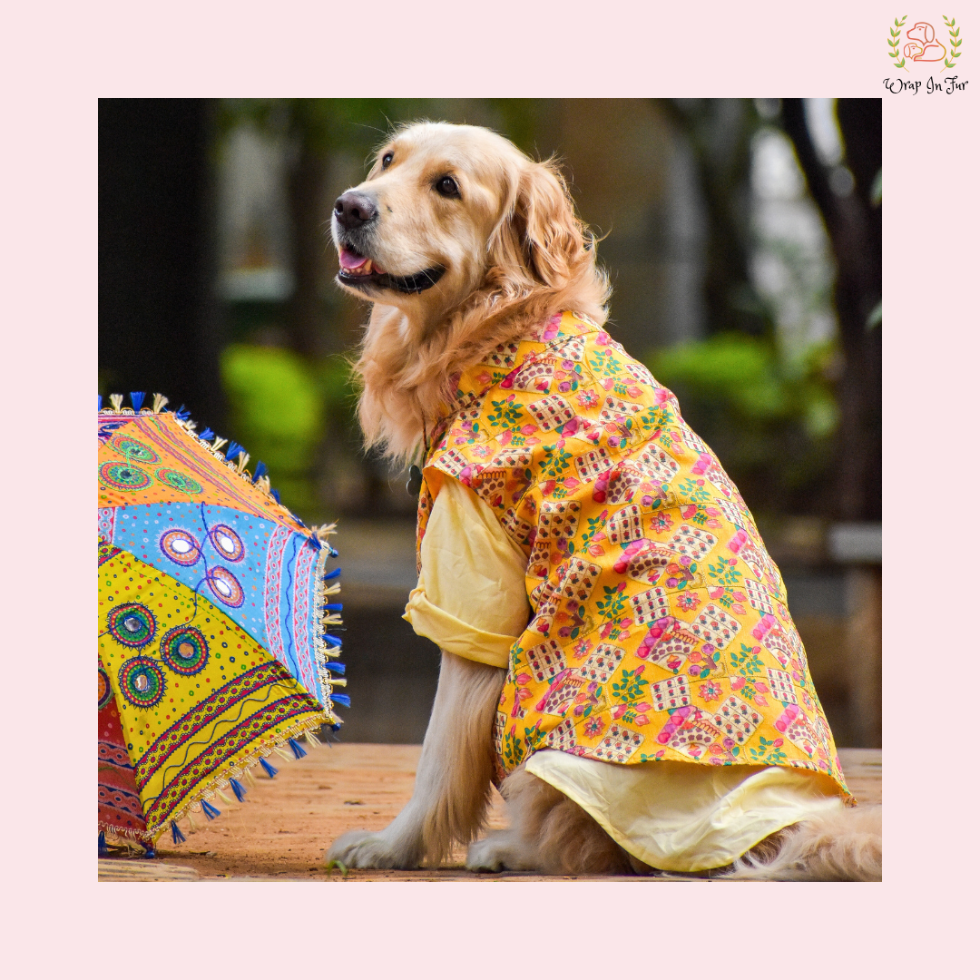 Yellow Floral Printed Dog Jacket Kurta Set - Indian Dog Ethnic Wear