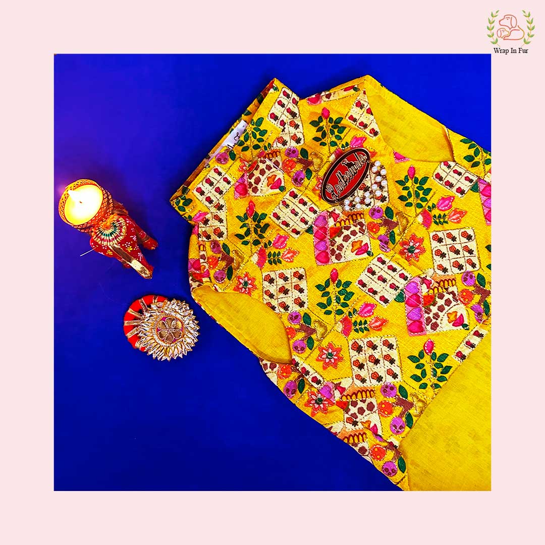 Yellow Floral Printed Dog Jacket Kurta Set - Indian Dog Ethnic Wear