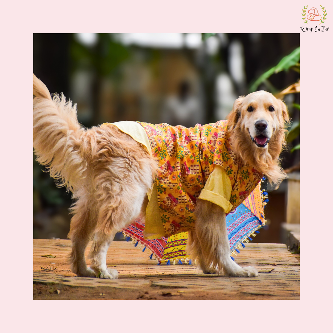 Yellow Floral Printed Dog Jacket Kurta Set - Indian Dog Ethnic Wear