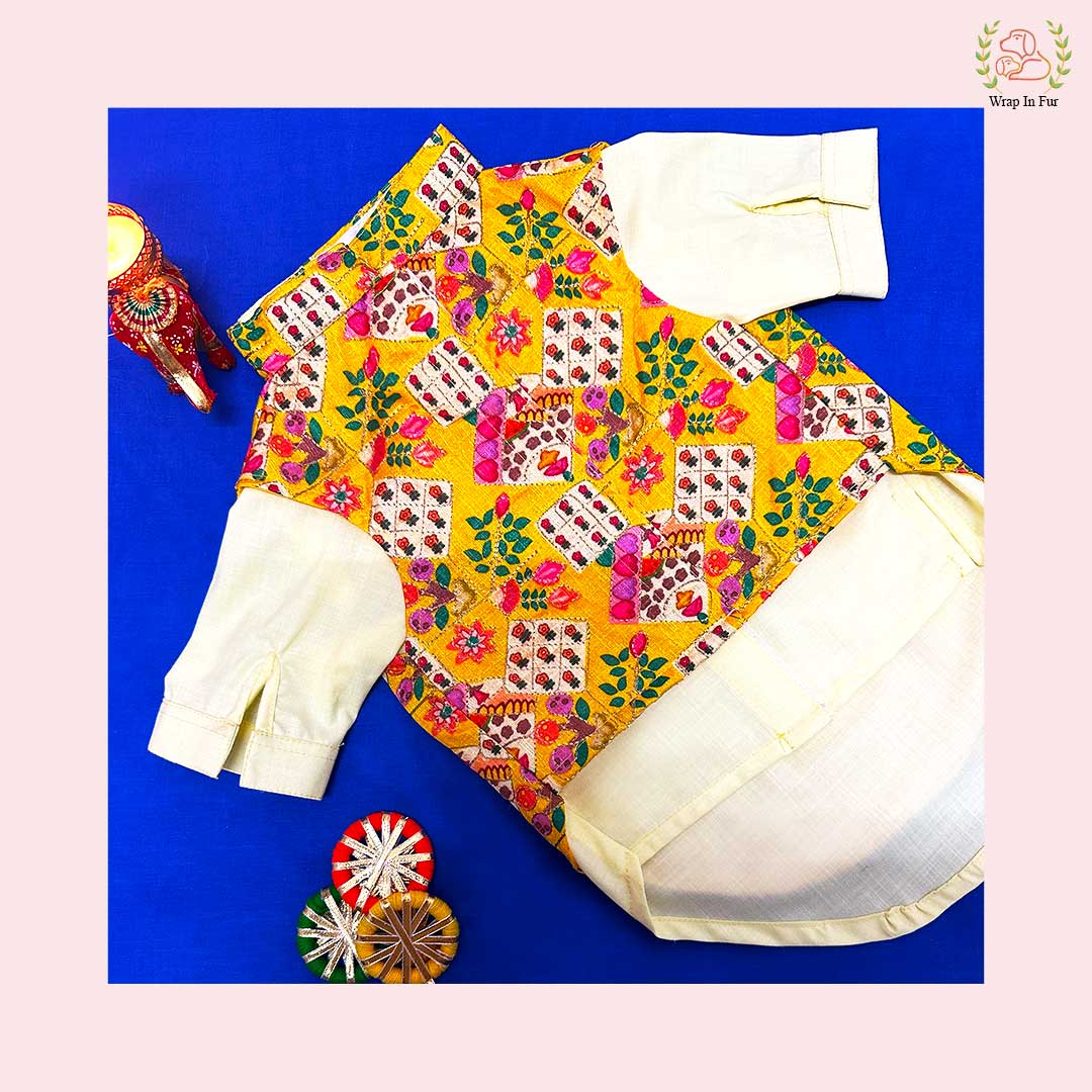 Yellow Floral Printed Dog Jacket Kurta Set - Indian Dog Ethnic Wear
