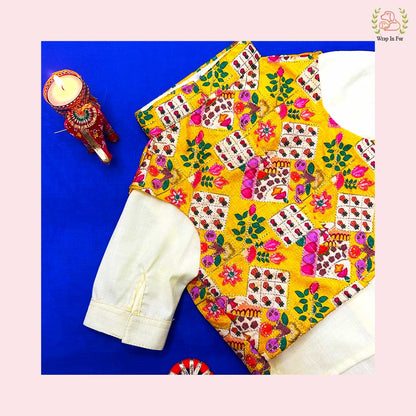 Yellow Floral Printed Dog Jacket Kurta Set - Indian Dog Ethnic Wear