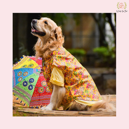Yellow Floral Printed Dog Jacket Kurta Set - Indian Dog Ethnic Wear