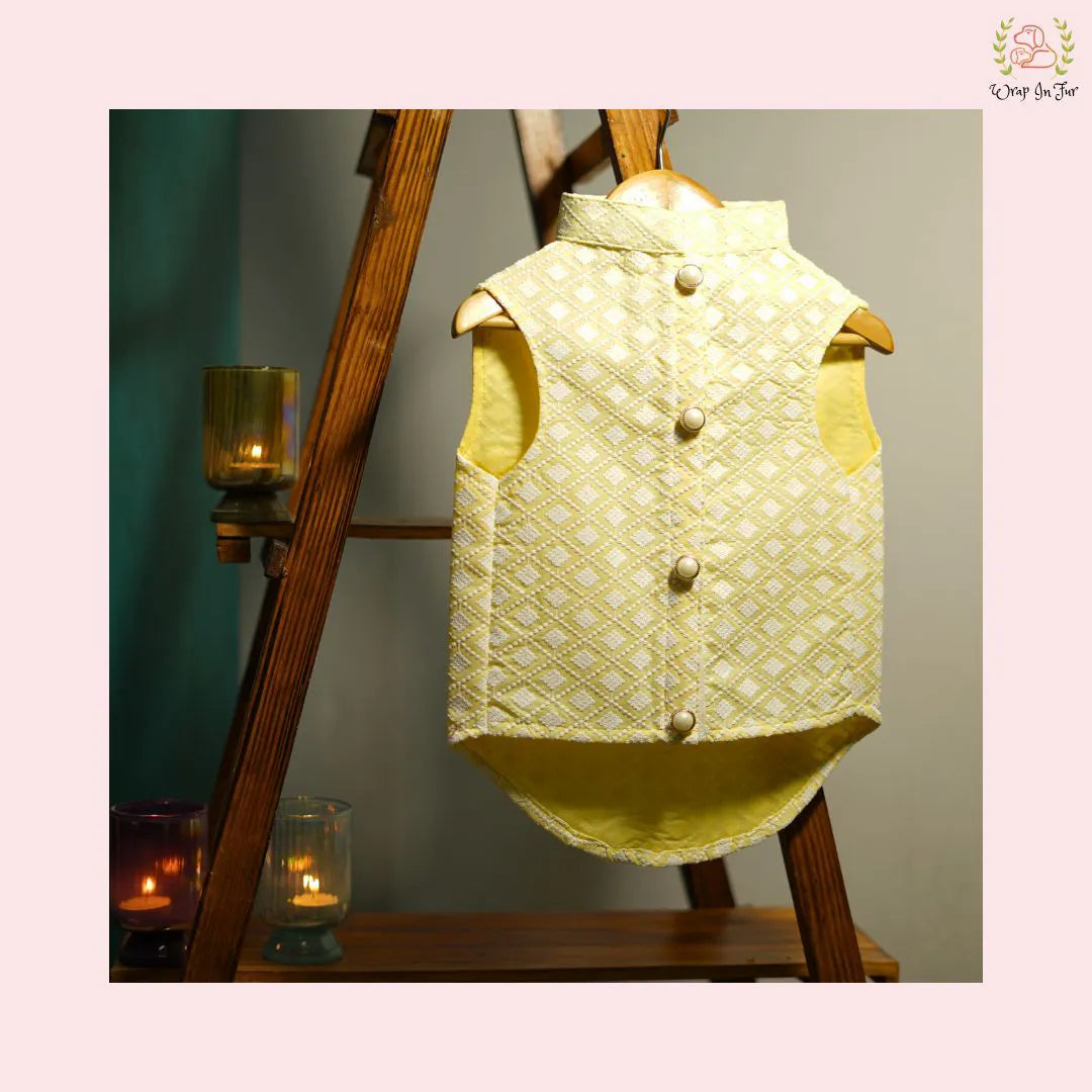 Yellow Nawab Dog Kurta Vest - Premium Embroidered Indian Dog Ethnic Wear