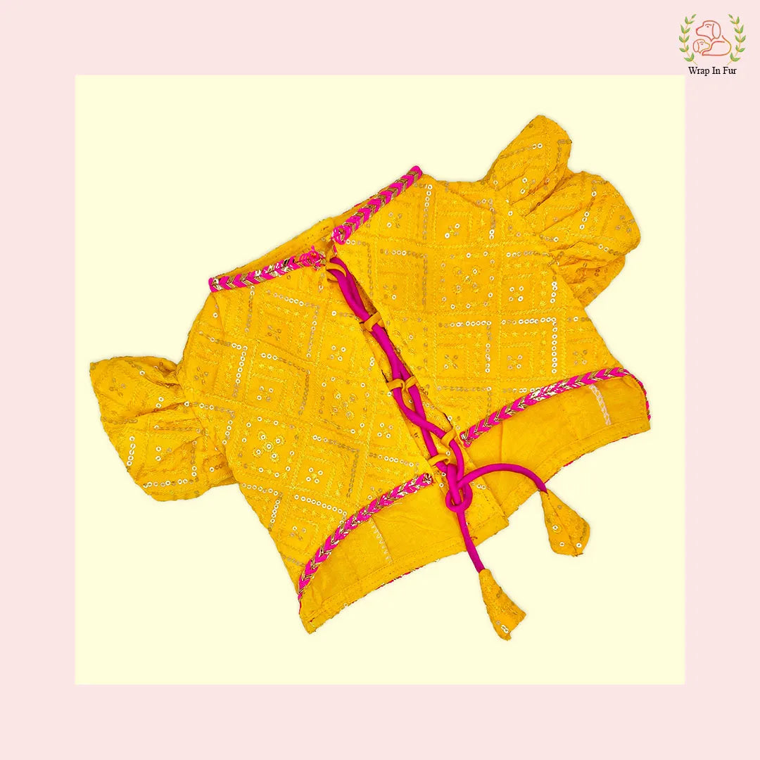 yellow pink dog lehenga for haldi mehndi