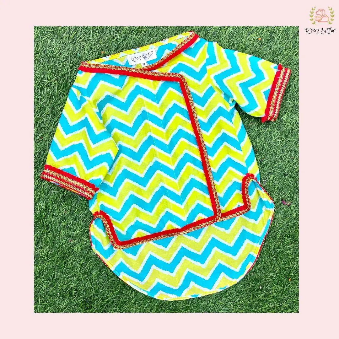 Blue & Green Chevron Dog Angarkha Kurta - Traditional Indian Dog Ethnic Wear