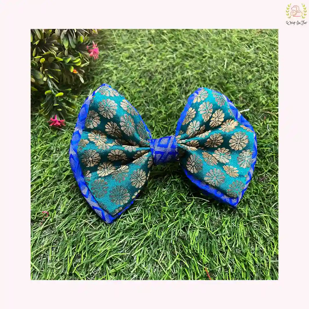 Blue Green Festive Bow - Luxury Brocade Dog Hair Bow Accessory