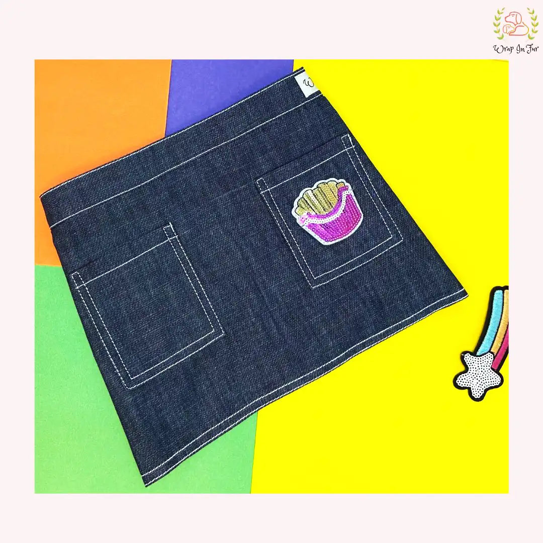 Casual Denim Dog Skirt - Sequin French Fry Patch Puppy Outfit