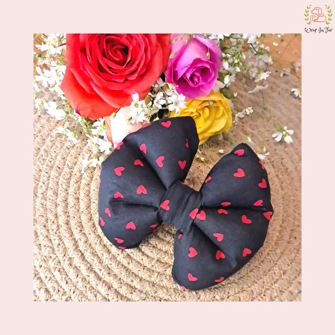 Heart Print Dog Bow - Festive Red & Black Holiday Dog Accessory