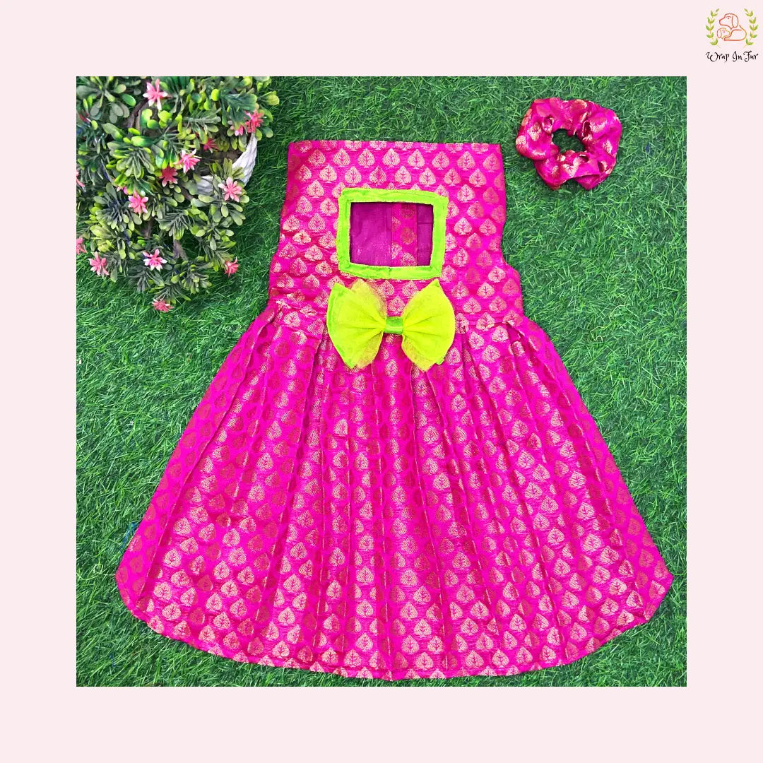 Hot Pink Silk Brocade Dog Traditional Wedding Gown - Festive Pet Wear