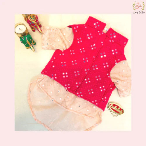 Peach Pink & Red Mirror Work Dog Kurta Set - Indian Dog Ethnic Wear