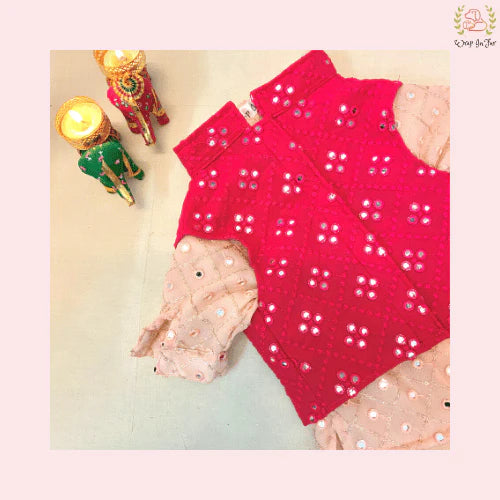 Peach Pink & Red Mirror Work Dog Kurta Set - Indian Dog Ethnic Wear