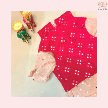 Peach Pink & Red Mirror Work Dog Kurta Set - Indian Dog Ethnic Wear