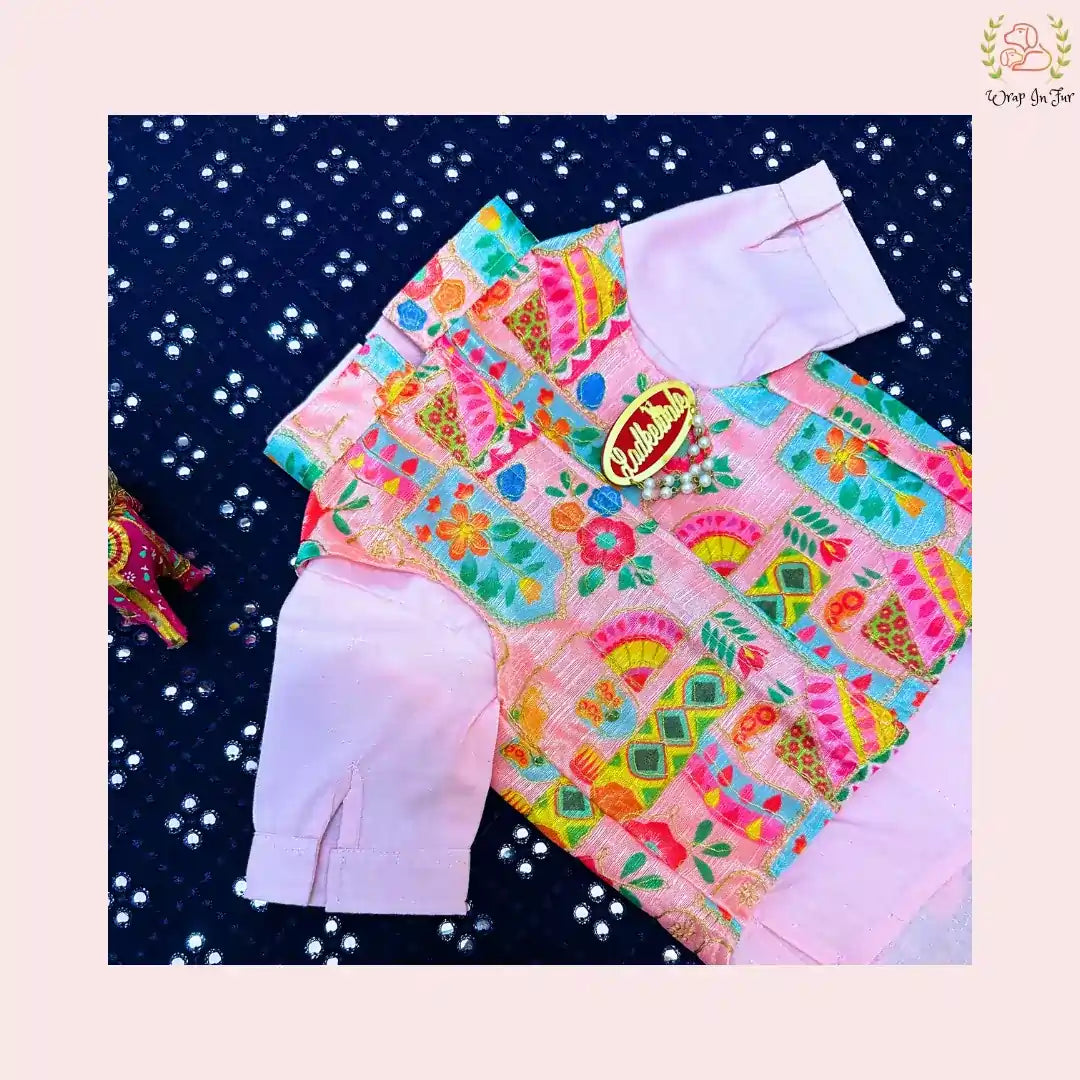 Pink Floral Jacket Dog Kurta Set - Vibrant Indian Dog Ethnic Wear