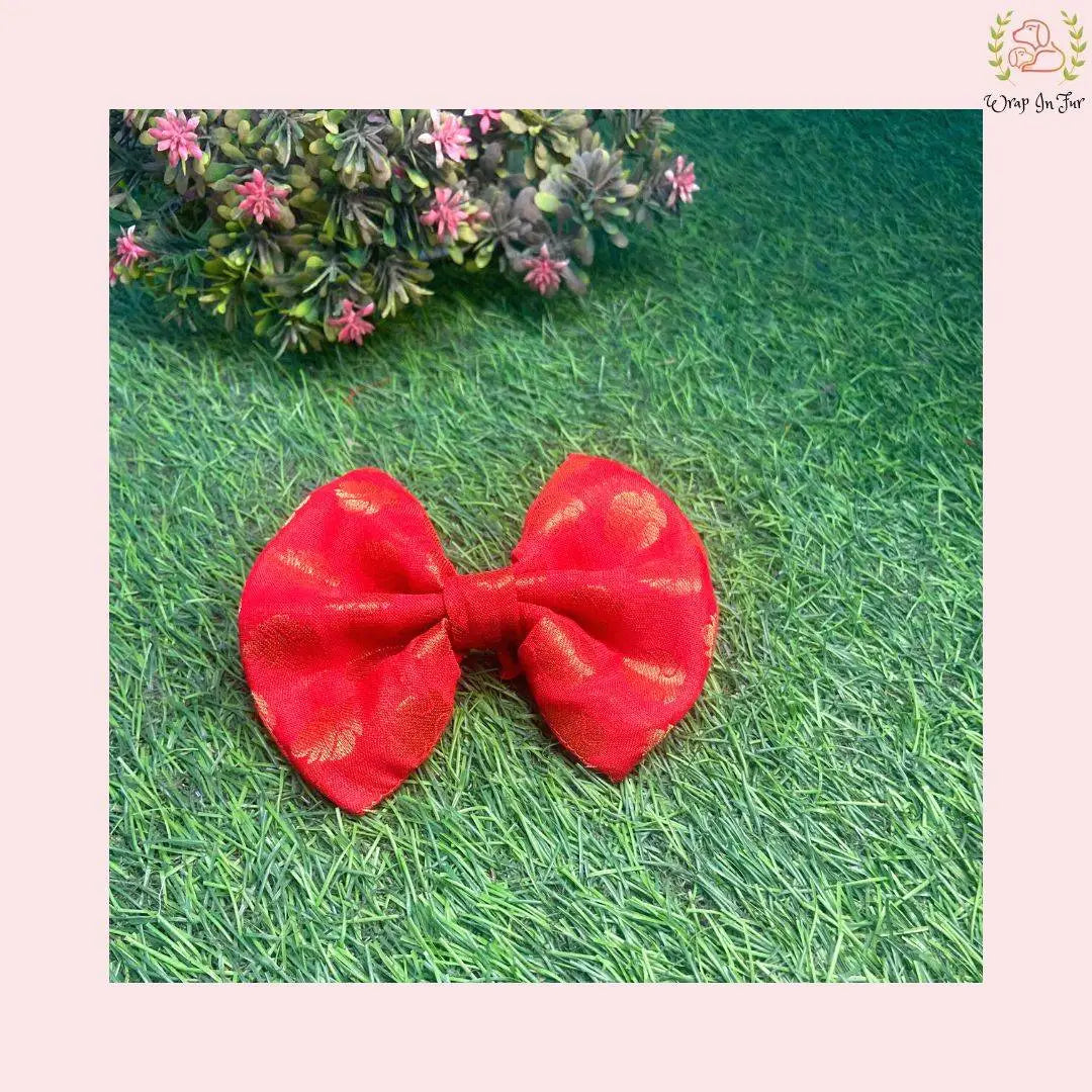 Red Golden Festive Bow - Luxury Brocade Dog Hair Bow Accessory