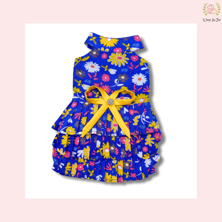 Royal Blue Floral Dog Princess Dress - Yellow Cold Shoulder Frock