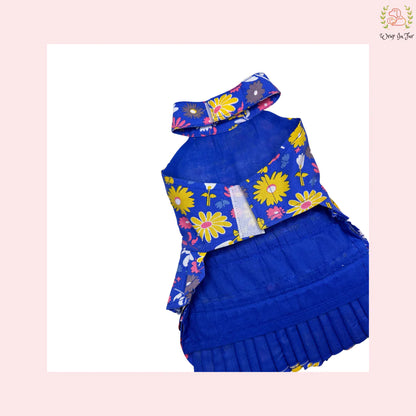 Royal Blue Floral Dog Princess Dress - Yellow Cold Shoulder Frock