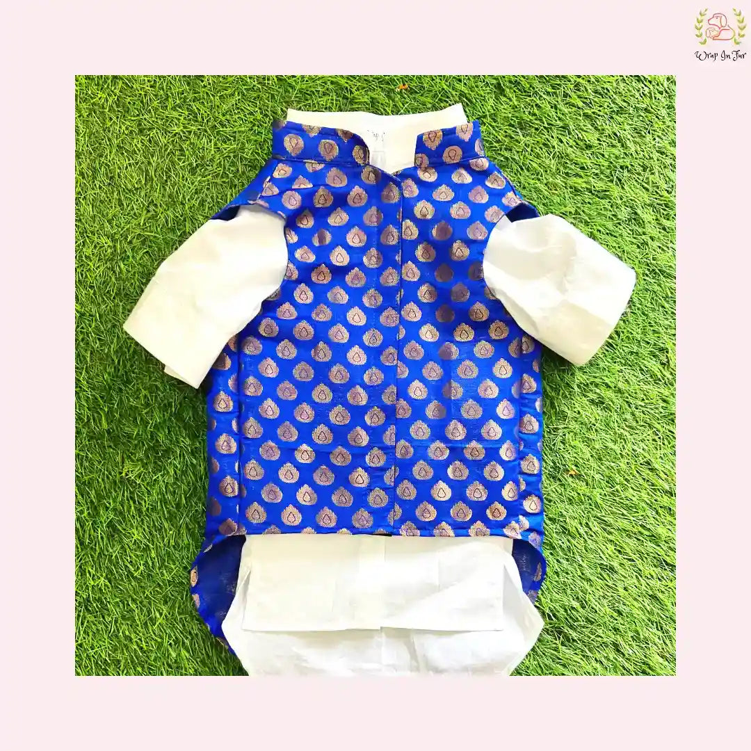 Royal Blue & Gold Brocade Dog Kurta Jacket Set - Indian Dog Ethnic Wear