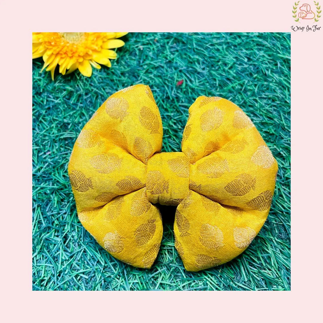 Yellow Golden Festive Bow - Luxury Brocade Dog Hair Bow Accessory