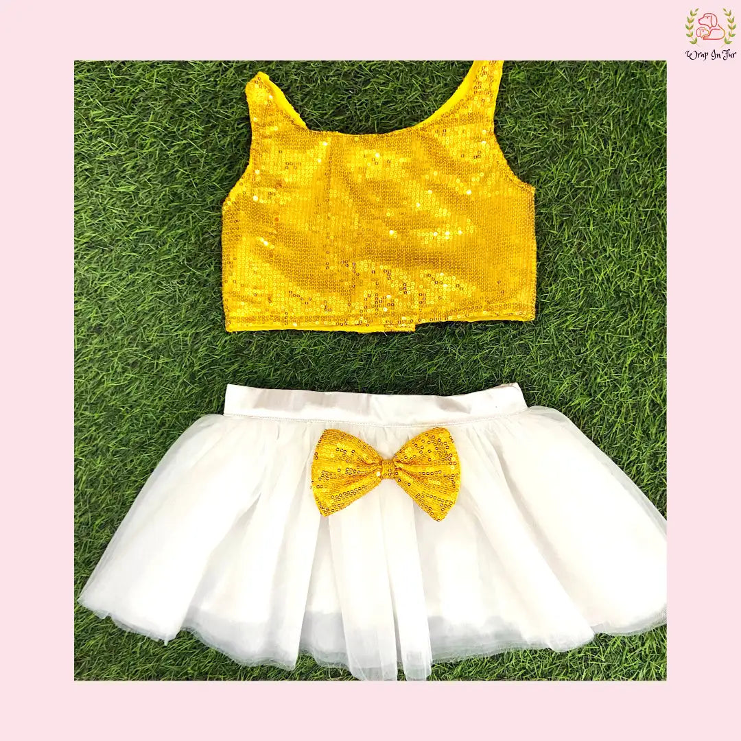 Yellow Sequin Top & White Tutu Dog Princess Dress - Two-Piece Set